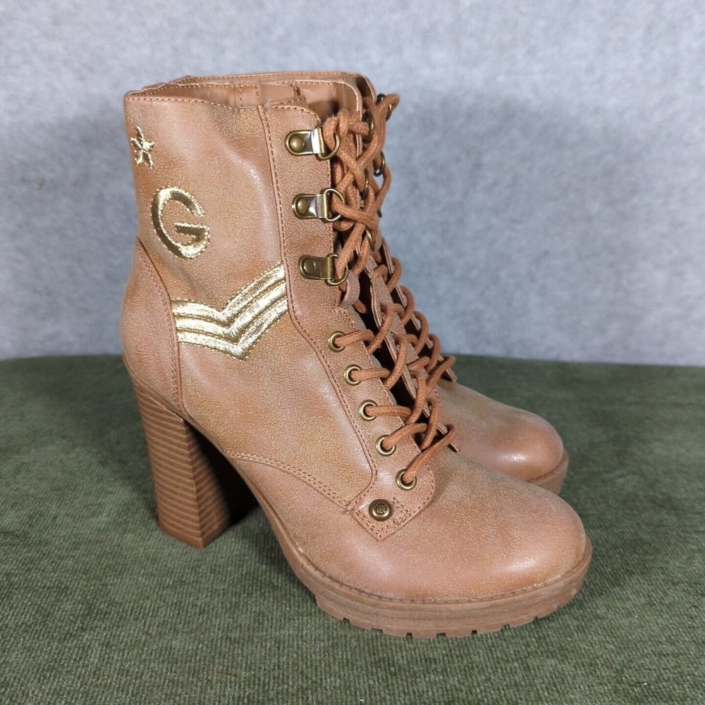 G by Guess Combat Boots Military Tan Gold Leather Heeled Laces Womens '5.5
